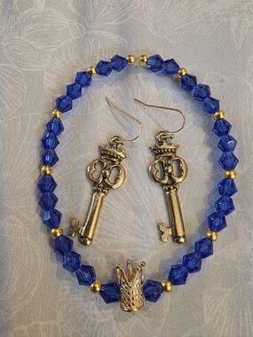 Royal Blue Crystal Beaded Bracelet Set And Gold Tone Crown Earrings